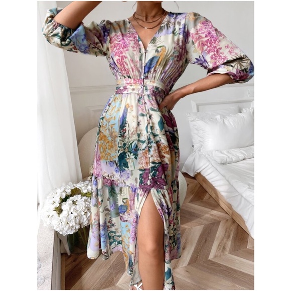 Boho Pink Floral Print Button up Ruffle Midi Dress - Picture 3 of 6